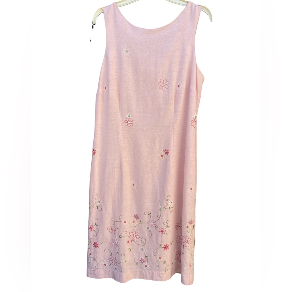 Dress Barn Pale Pink Sheath Dress 8 Linen Blend Embroidered Flowers Fully Lined